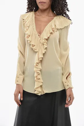 Saint Laurent Blusa in Seta Crepe con Volant Saint Laurent