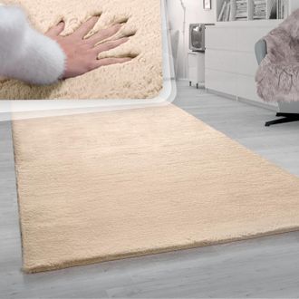 Paco Home Paco Home - Alfombra Sal&oacute;n Pelo Largo Imitaci&oacute;n Piel Conejo Suave Sint&eacute;tica Arena Crema 150x170 Cm Ovalado