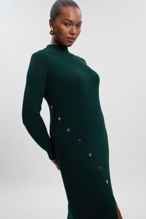 Karen Millen Womens Plus Size Viscose Blend Popper Detail Split Knit Midi Dress - Forest Green - Size X-Large