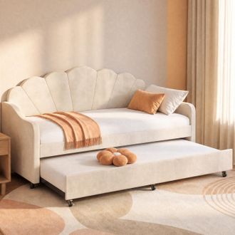 IDMarket Cama-sof&aacute; Extra&iacute;ble Con Forma De Concha Amanda, 2 X 90 X 190 Cm, Con 2 Somieres De Terciopelo Beige