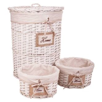 Wanderlust Deco Wanderlust Deco - Set Cesto De Ropa Y Dos Cestos De Mimbre Forrados Blancos