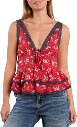 BILLY T Lace Trim Cotton Blend Top in Red Retro Rose at Nordstrom, Size X-Small