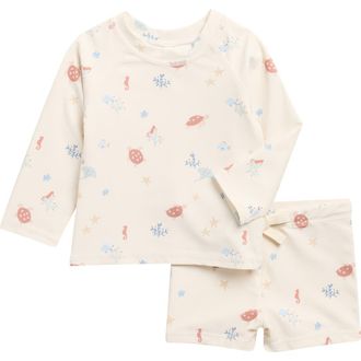 Rylee + Cru Kids Aquatic Long Sleeve Two-Piece Rashguard Swimsuit in Natural at Nordstrom, Size 12-18M