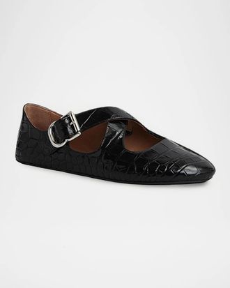Alaia Croc-Embossed Leather Crisscross Ballerina Flats