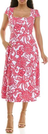 Nina Leonard Floral Cap Sleeve Fit & Flare Dress in Azalea Multi at Nordstrom Rack, Size X-Large