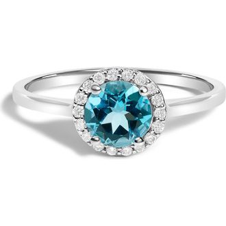 House of Brilliance 10K Gold Gemstone and 1/10 Cttw Diamond Halo Birthstone Ring in White | Blue Topaz at Nordstrom, Size 6.5