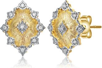 Rachel Glauber Two-Tone with Clear Cubic Zirconia Floral Stud Earrings