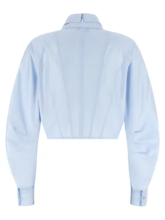 Elisabetta Franchi Cropped Bustier Cotton Poplin Shirt - Light Blue
