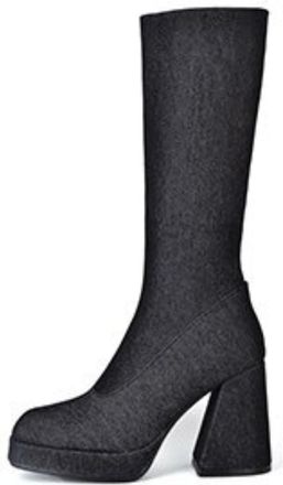 Generic Womens Knee-High Denim Fabric Boots Square Toe Side Zipper Thick Platform Chunky Block Heels Reinforced Stitching Durable Design,Black,4.5 UK