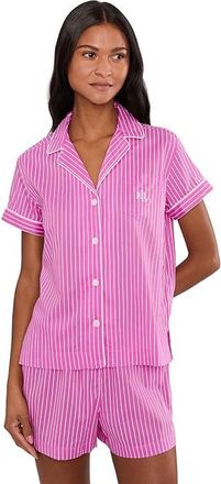 Lauren Ralph Lauren Short Sleeve Notch Collar Boxer PJ Set Womens Pajama Sets Pink Stripe : XL (US 16-18), Cotton/Viscose