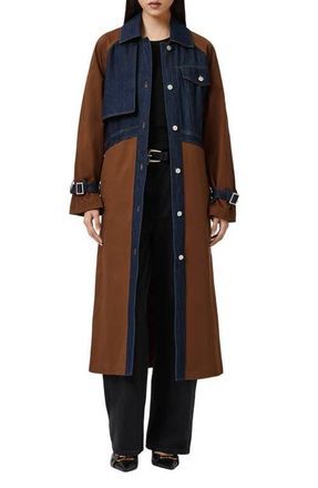 AllSaints Dayly Tie Waist Denim Accent Trench Coat in Cognac Brown at Nordstrom, Size 10 Us
