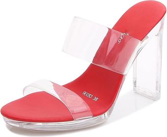 Generic Red,6.5 UK,Womens Crystal Platform Heels Block Chunky Open Toe Two Strap Heel Sandals Slingback Slip-on Mules Slippers Summer Dress Shoes
