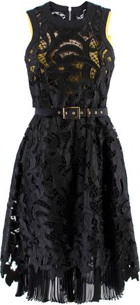 sacai Black & Yellow Belted Floral Lace Dress Size S