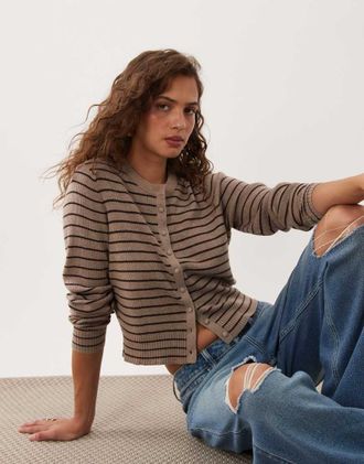 Abercrombie & Fitch cardigan in maglia a righe marroni-Bianco