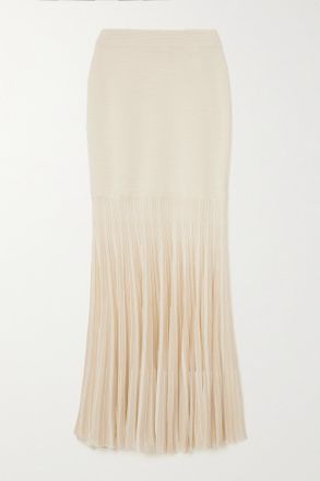 Chlo&eacute; Gonna Maxi In Misto Lana E Seta Pliss&eacute; A Coste - Bianco