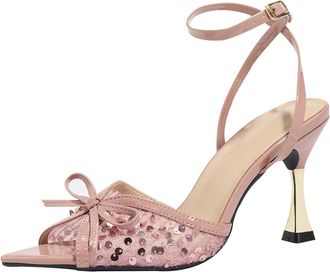 Generic Heel Sandals for Women 9CM Sexy Ankle Strap Mesh Sequins Pointed Toe Bow Party Dress Heel Wedding Evening (Pink,10.5)