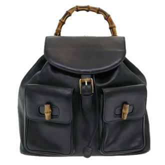 Gucci Vintage Bamboo Leather Black Leather Backpack Bag (Pre-Owned)