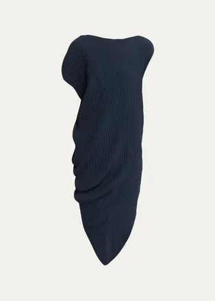 Issey Miyake Short-Sleeve Leaf Pleats Asymmetric Draped Midi Dress