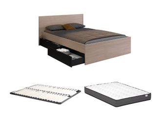 Vente-Unique Cama con 4 cajones 160 x 200 cm - Natural y negro + Somier + Colch&oacute;n - VELONA