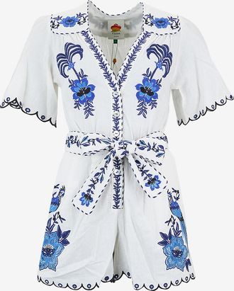 Farm Rio Bestickter Leinenmix-Kurzoverall Delicate Forest