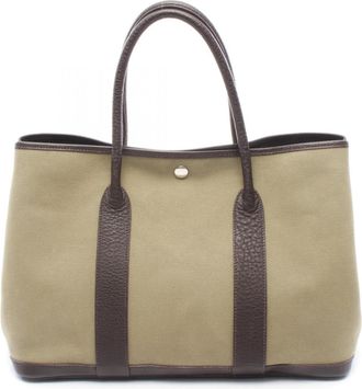 Herm&egrave;s Brown Khaki Toile Officier Leather Handbag Tote Bag (Pre-Owned)