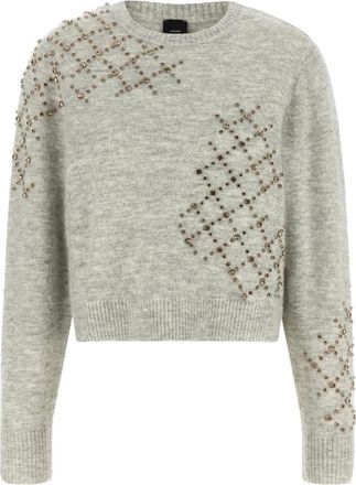 Pinko Rhinestone Trui - Dames - Ronde hals truien - Grijs - S - Wol - Truien & Vesten