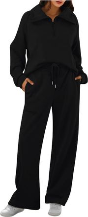 Generic Gym Sets for Women 2 Piece Womens Lounge Wear Ladies Tracksuit Set Womens Full Set 2 Piece Outfits Long Sleeve Half Zip Lapel Casual Pullover Tops Tra