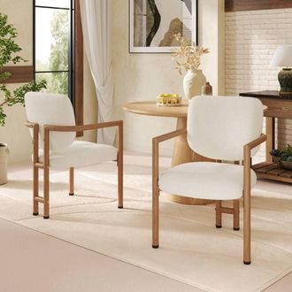 Merax Set of 4 Wood Effect Boucl&eacute; Dining Chairs with Metal Legs in Beige