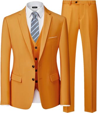 Mys Mens 3 Piece Slim Fit Suit Set, 2 Button Blazer Jacket Vest Pants with Tie, Solid Wedding Dress Tux and Trousers, Orange, XL