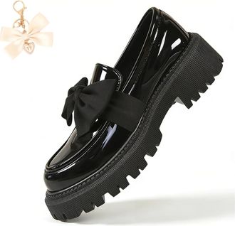 Generic Bowknot Retro Thick-Soled Shoes, 2026 Patent Leather Slip-On Flats Chunky Platform for Office Business Daily Wear (Black, Adult, Women, 6.5, Numeric, 
