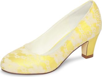 Emily Bridalwear 1505-1 Womens Wedding Shoes Closed Toe 2.56 Inches Chunky Heel Lace Satin Pumps Bridal Shoes (EU41/UK7.5, Yellow)