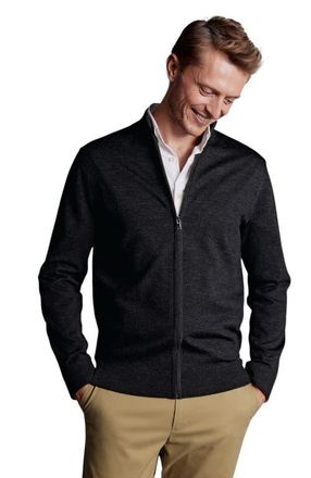 CHARLES TYRWHITT Pure Merino Full Zip Through Cardigan in Dark Charcoal at Nordstrom, Size Xxx-Large