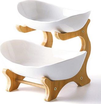 OEM Bol De Cer&aacute;mica De 2 Niveles Para Frutas Con Soporte De Bamb&uacute; Para Encimera De Cocina, Bandeja Para Aperitivos, Postres Y Pasteles, Blanco