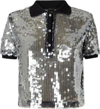 Pinko Sequin Mesh Polo Top - Dames - Polos - Grijs - XS - Polyester - Tops