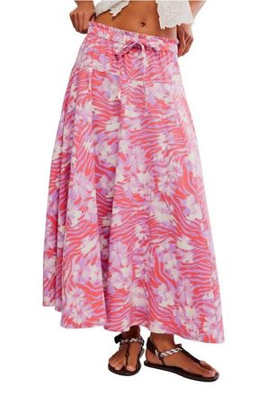 Free People Zephyr Print Convertible Bustle Maxi Skirt in Coral Combo at Nordstrom, Size X-Large