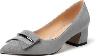 EDEFS Women Pointed Toe Block Heel Pumps Slip on Low Heels Pointed Toe Court Shoes Classic Buckle Design 2 Block Heeled Shoes Suede Grey UK2