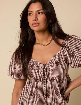Nobody's Child Brown Gingham Embroidered Top