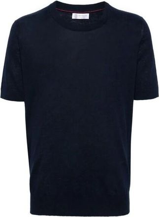 Brunello Cucinelli Navy Linen Blend Short-Sleeve Sweater, Brand Size 44 (US Size 34)