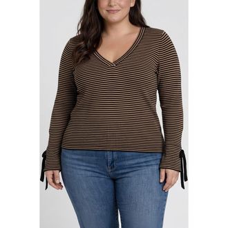 Liverpool L.A. Striped V-Neck Top in Tan/black Strpe at Nordstrom, Size 1X