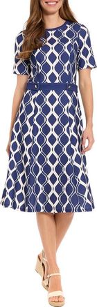 London Times Short Sleeve Side Tab Fit & Flare Dress in Navy/Ivory at Nordstrom Rack, Size 10