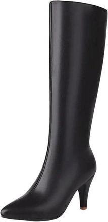 Generic Women Knee High Boots Pointed Toe Low Heel Side Zipper Pu Leather Casual Outdoor Long Boot