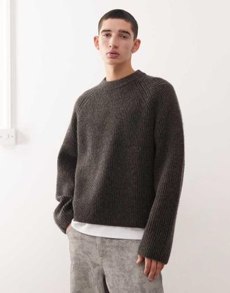 Weekday Maglione bicolore color talpa scuro e nero in misto lana a coste con maniche raglan-Grigio