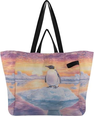 Generic Penguin Ice Sunset Orange print Reusable Canvas Tote Bag, Heavy Duty Grocery Shopping Bag with Hard Bottom Large Capacity Double Handles Work Grocerie