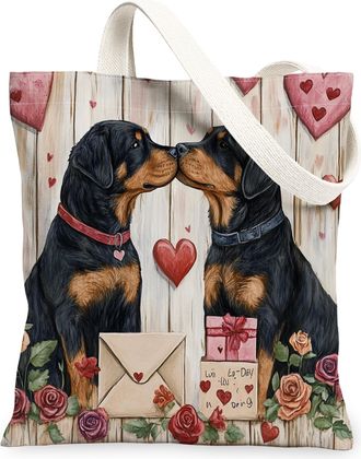 Generic Valentines Day Scottish Terrier Dog Canvas Tote Bag for Shopping 13x15, Rustic Couple Puppy Reusable Grocery Print Bag for Women, Pet Beach Aesthetic 