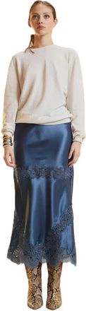 Cynthia Rowley Satijnen Kanten Rok - Dames - Midirokken - Blauw - S - Satijn - Rokken