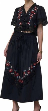 Moon River Shirred Waist Embroidered Floral Midi Skirt In Navy