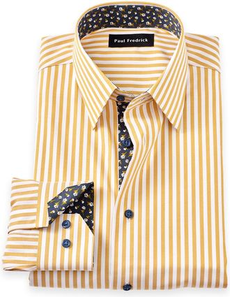 Paul Fredrick Comfort Stretch Non-iron Stripe Dress Shirt With Contrast Trim