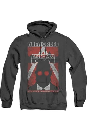 Gildan Batman Arkham City Obey Order Poster Adult Heather Hoodie / Hooded Sweatshirt