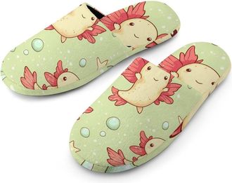 Generic Cute Axolotls Pattern Flannel Mens Slip-on Slippers Winter Warm House Shoes with Rubber Sole for Home Hotel