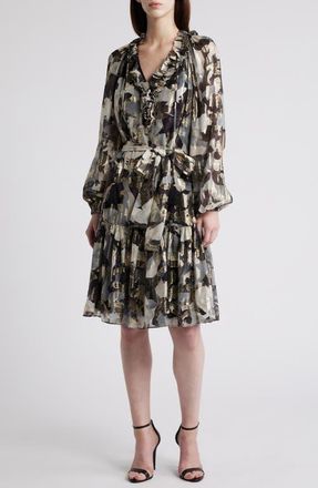 Kobi Halperin Jenson Metallic Ruffle Long Sleeve Silk Dress in Graphite at Nordstrom, Size Medium